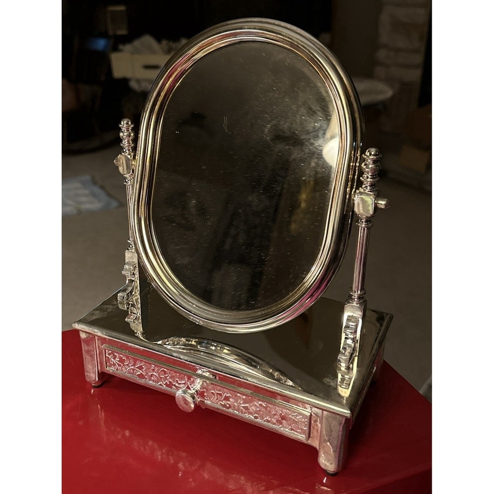 Vintage Silver Plate Table Vanity Mirror/Frame & Jewelry box Red Velvet Drawer